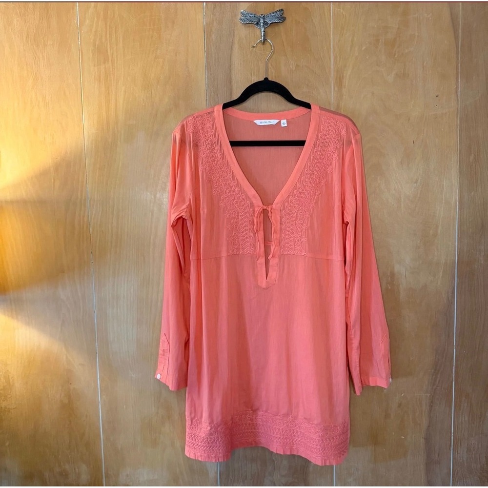 Athleta‎ Coral Pink Embroidered V-Neck Tunic Top Long Sleeve Cotton Blend Medium
